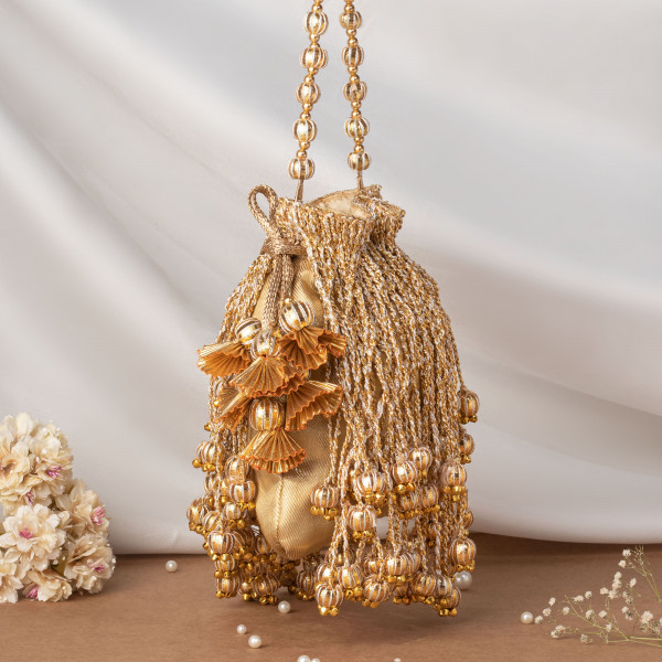 Golden Tissue Fringes Potli