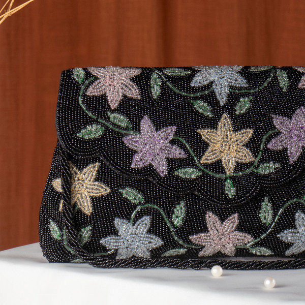 Black Hand-Beaded Multi-Color Floral Flap Clutch