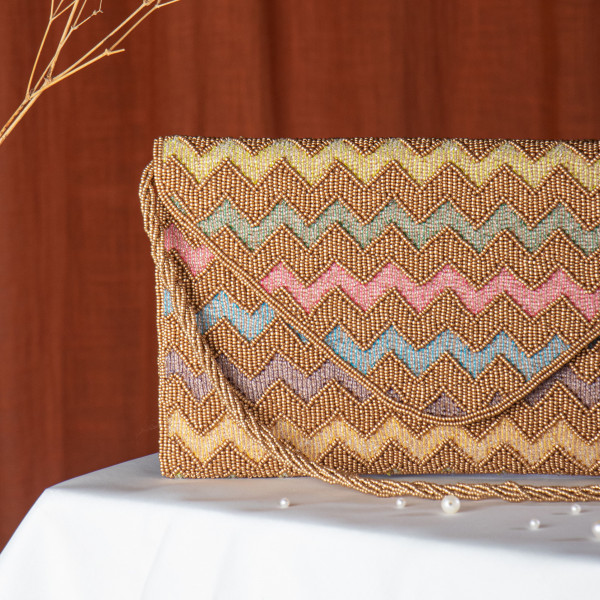 Gold Multicoloured Chevron Pattern Hand-Embroidered Envelope Clutch