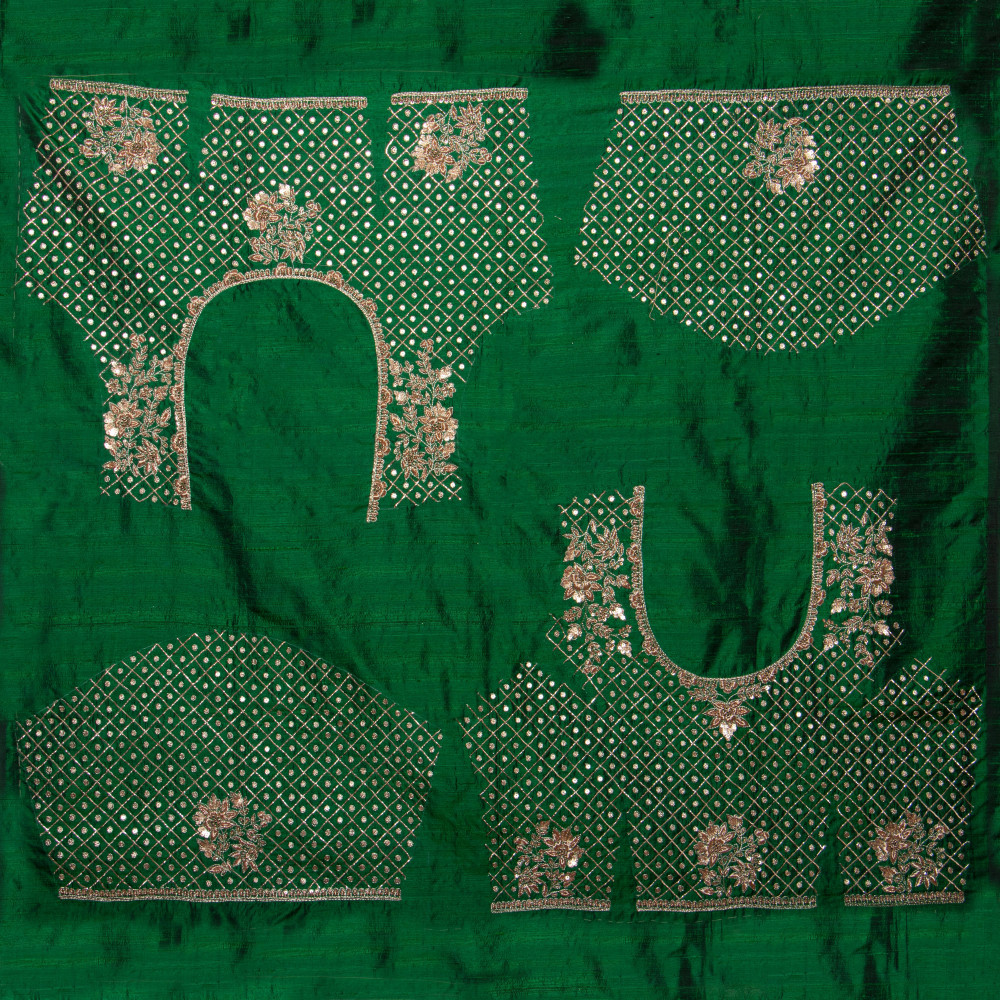 Image of Premium Green Raw Silk Unstitched Blouse Piece with Hand-Crafted Zardozi Embroidery (1 Meter)
