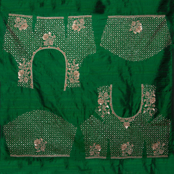 Premium Green Raw Silk Unstitched Blouse Piece with Hand-Crafted Zardozi Embroidery (1 Meter)