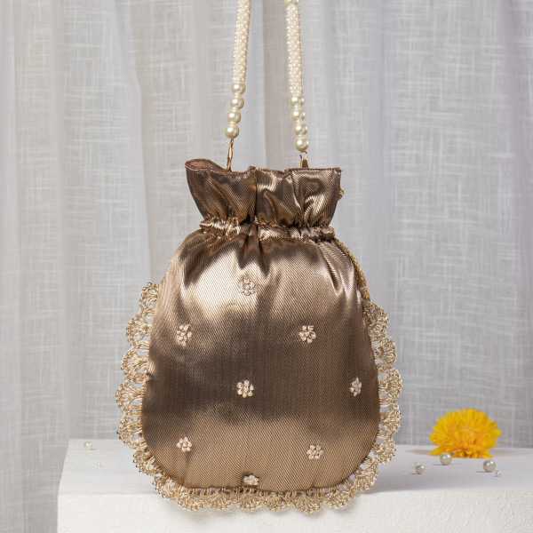 Copper-Bronze Silk Potli Bag with Heavy Floral Jaal Embroidery