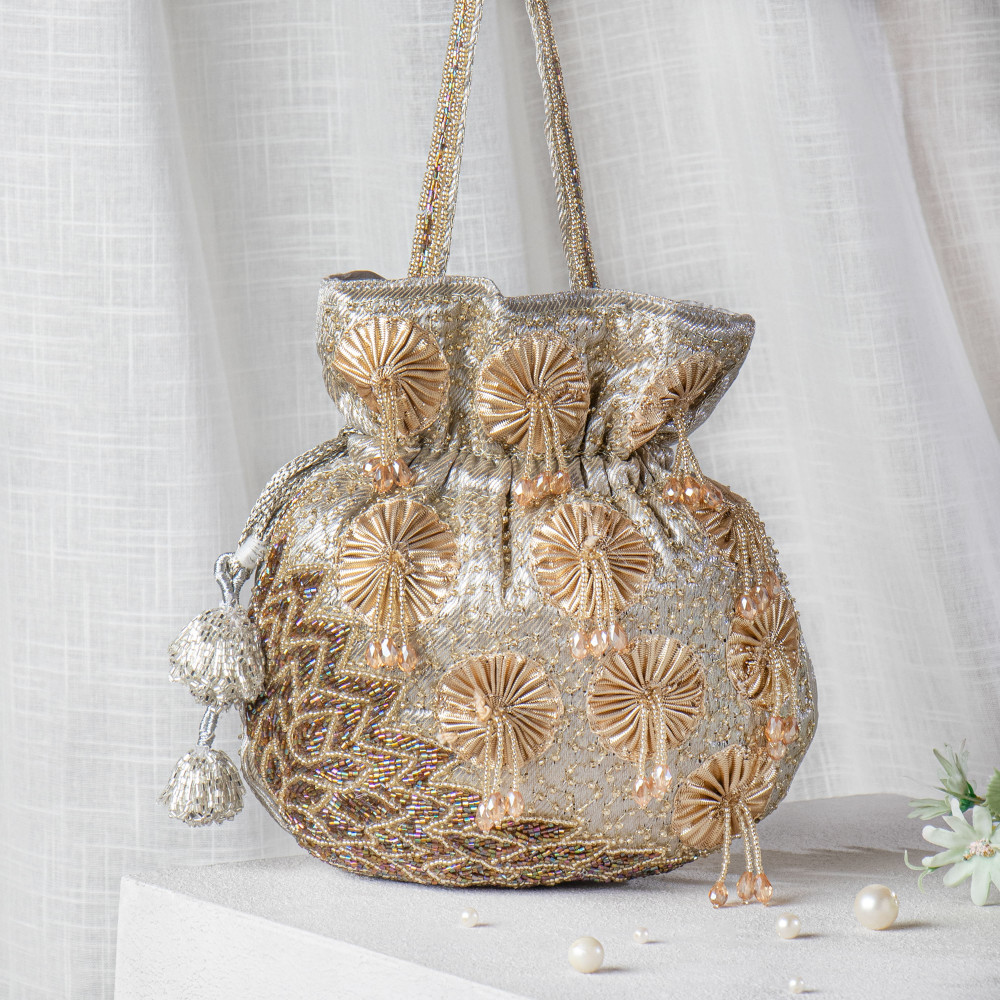 Image of Silver Gota &amp; Cutdana Tissue Potli Bag