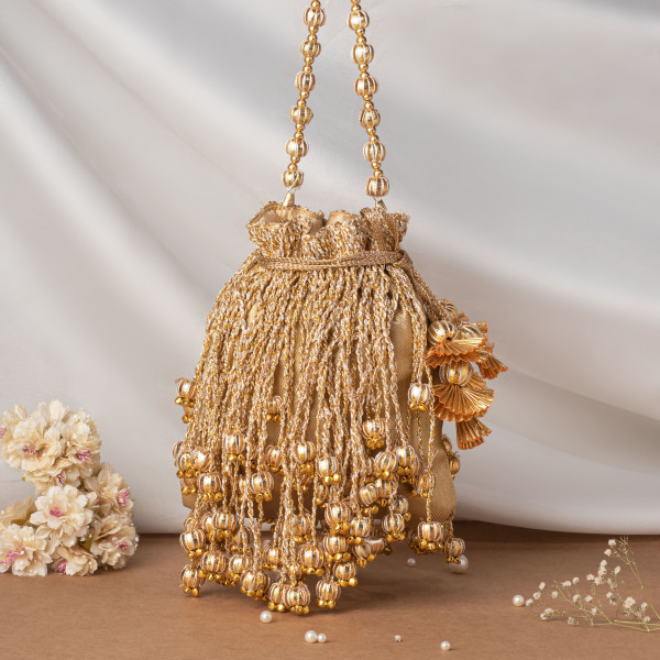 Golden Tissue Fringes Potli