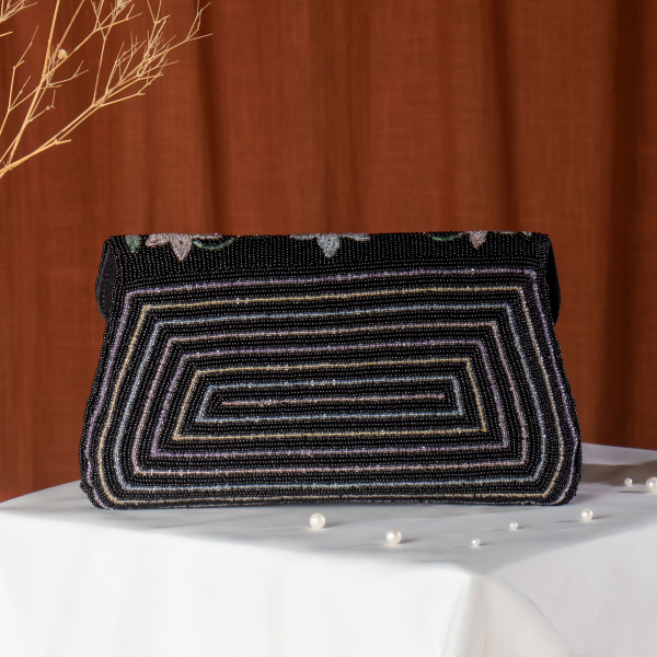 Black Hand-Beaded Multi-Color Floral Flap Clutch