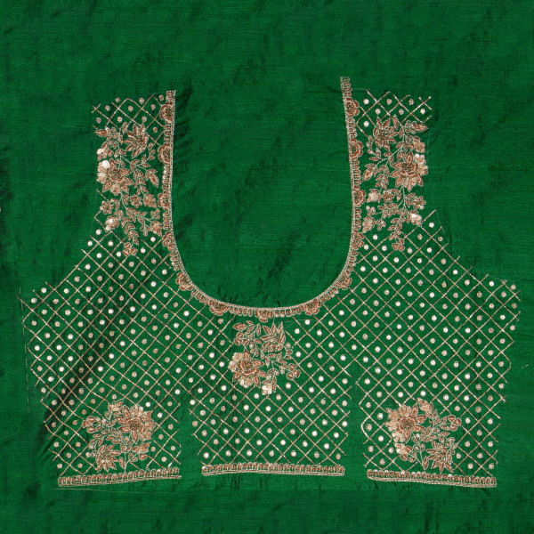 Premium Green Raw Silk Unstitched Blouse Piece with Hand-Crafted Zardozi Embroidery (1 Meter)