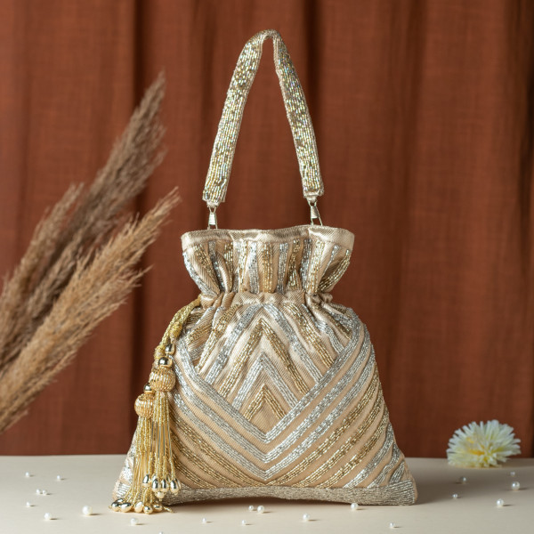 Golden & Silver Cut Dana Geometric Embroidered Tissue Potli Bag