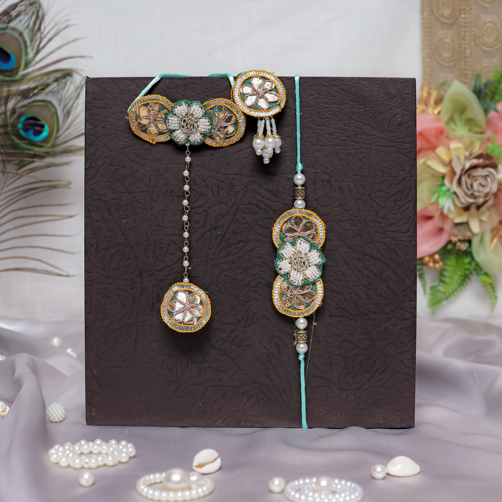 Image of Royal Traditional Bhai &amp; Bhabhi Rakhi Pair with Hathphool Lumba