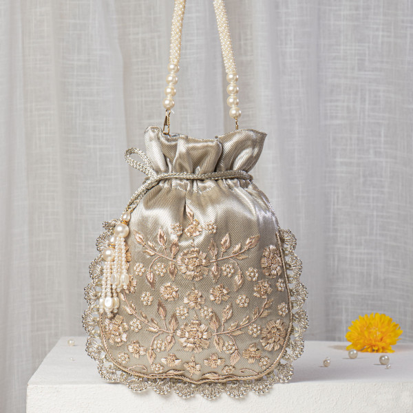 Silver-Gold Silk Potli Bag with Intricate Floral Hand-Embroidery
