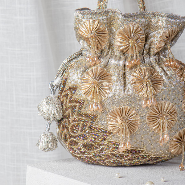 Silver Gota & Cutdana Tissue Potli Bag