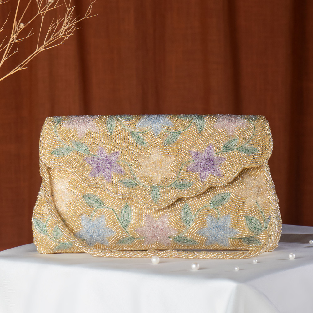 Image of Hand-Embroidered Floral Envelope Clutch Bag - Pastel Botanical Design