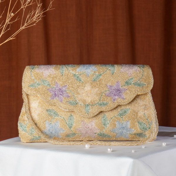 Hand-Embroidered Floral Envelope Clutch Bag - Pastel Botanical Design