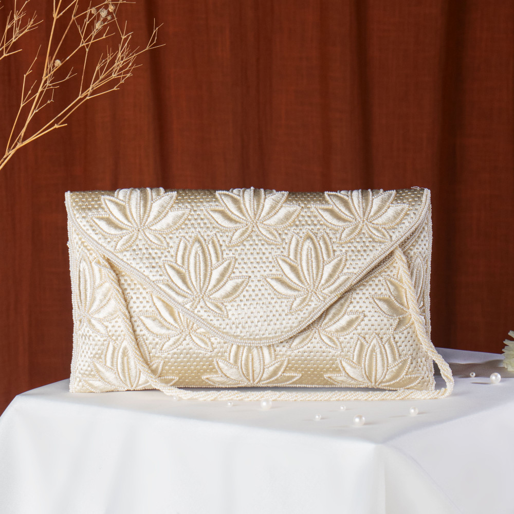 Image of Off white Floral Embroidered Envelope Clutch with Chain Strap