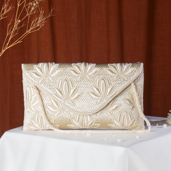 Off white Floral Embroidered Envelope Clutch with Chain Strap