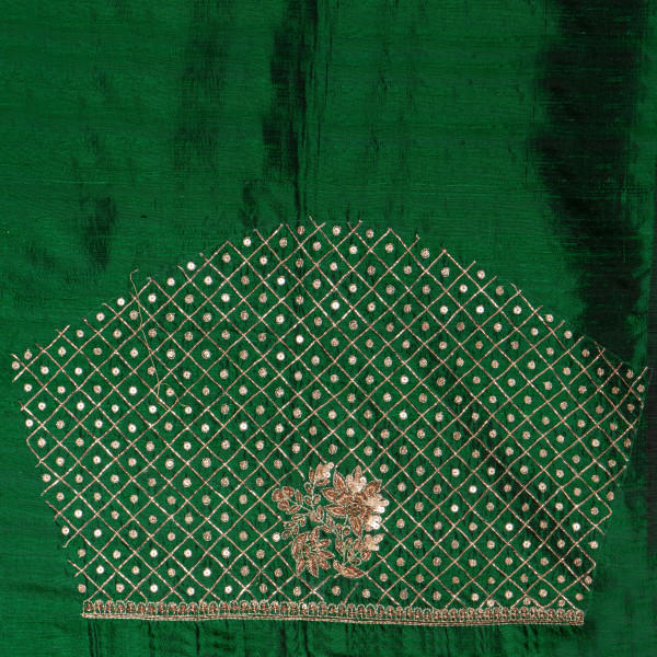 Premium Green Raw Silk Unstitched Blouse Piece with Hand-Crafted Zardozi Embroidery (1 Meter)