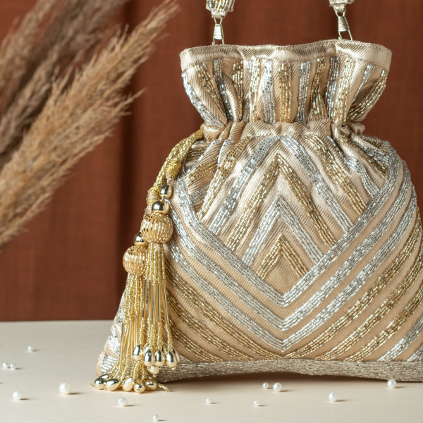 Golden & Silver Cut Dana Geometric Embroidered Tissue Potli Bag