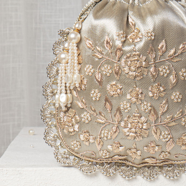 Silver-Gold Silk Potli Bag with Intricate Floral Hand-Embroidery