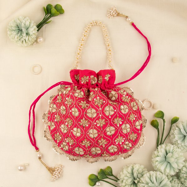 Indian Hand Crafted Zardozi Work Potli Bag With Beaded Chain For Women|| Evening Bags|| Embroidery Handbag
