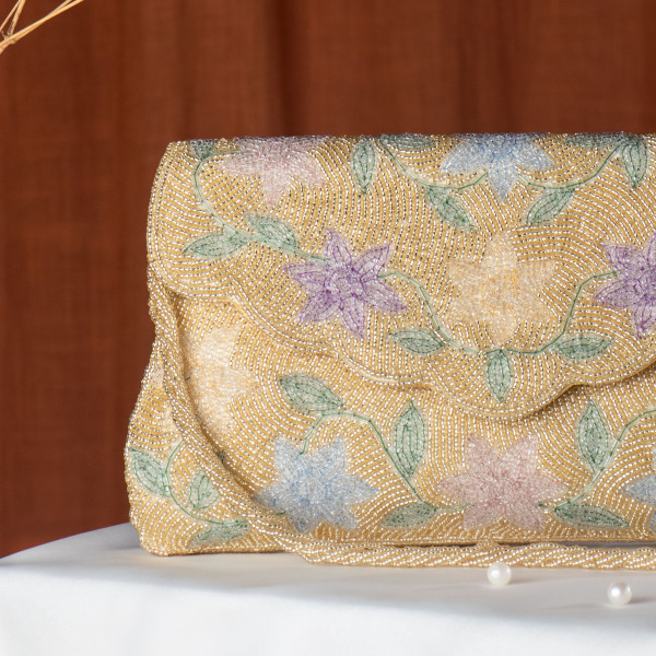 Hand-Embroidered Floral Envelope Clutch Bag - Pastel Botanical Design