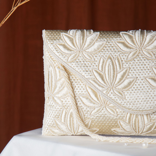 Off white Floral Embroidered Envelope Clutch with Chain Strap