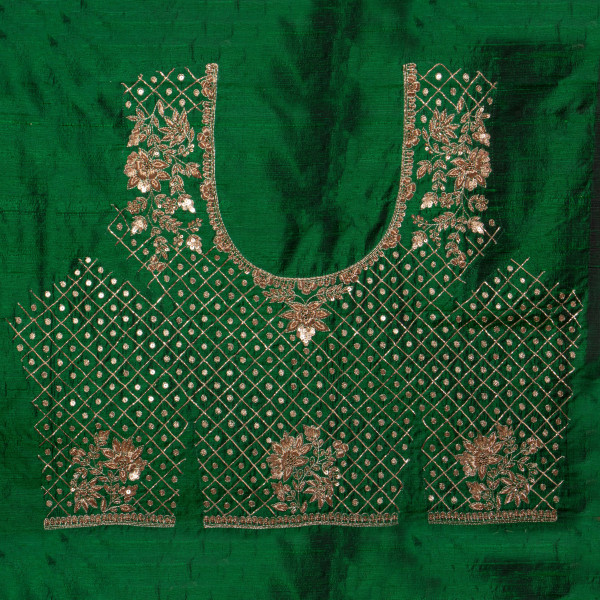Premium Green Raw Silk Unstitched Blouse Piece with Hand-Crafted Zardozi Embroidery (1 Meter)
