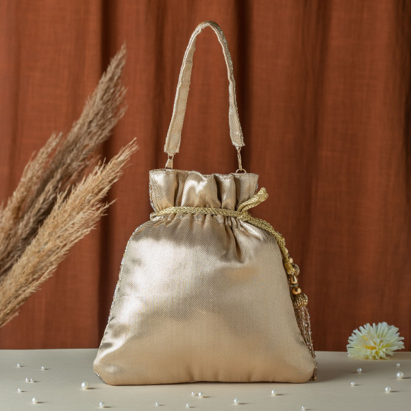 Golden & Silver Cut Dana Geometric Embroidered Tissue Potli Bag