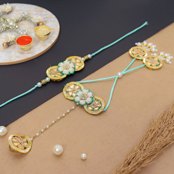 Royal Traditional Bhai & Bhabhi Rakhi Pair with Hathphool Lumba