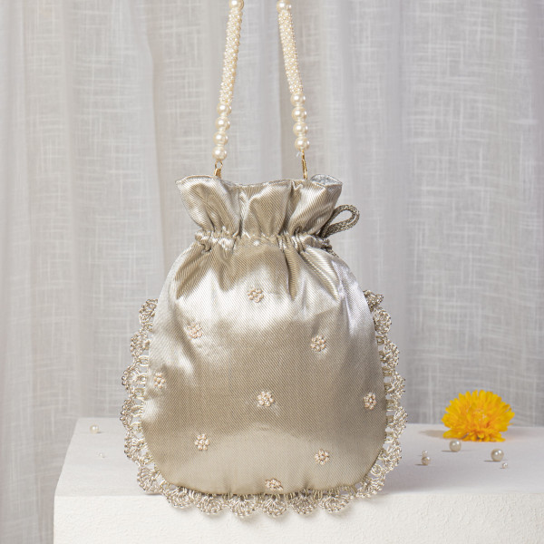 Silver-Gold Silk Potli Bag with Intricate Floral Hand-Embroidery