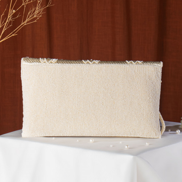 Off white Floral Embroidered Envelope Clutch with Chain Strap