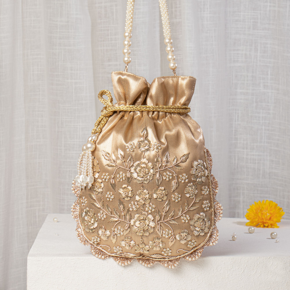 Image of Gold Tissue Silk Potli Bag with Hand-Embroidered Floral Zardosi &amp; Pearl Scalloped Edges