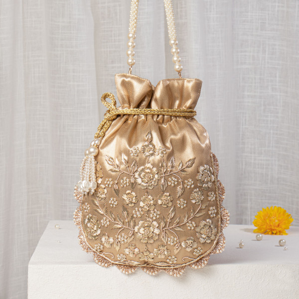 Gold Tissue Silk Potli Bag with Hand-Embroidered Floral Zardosi & Pearl Scalloped Edges