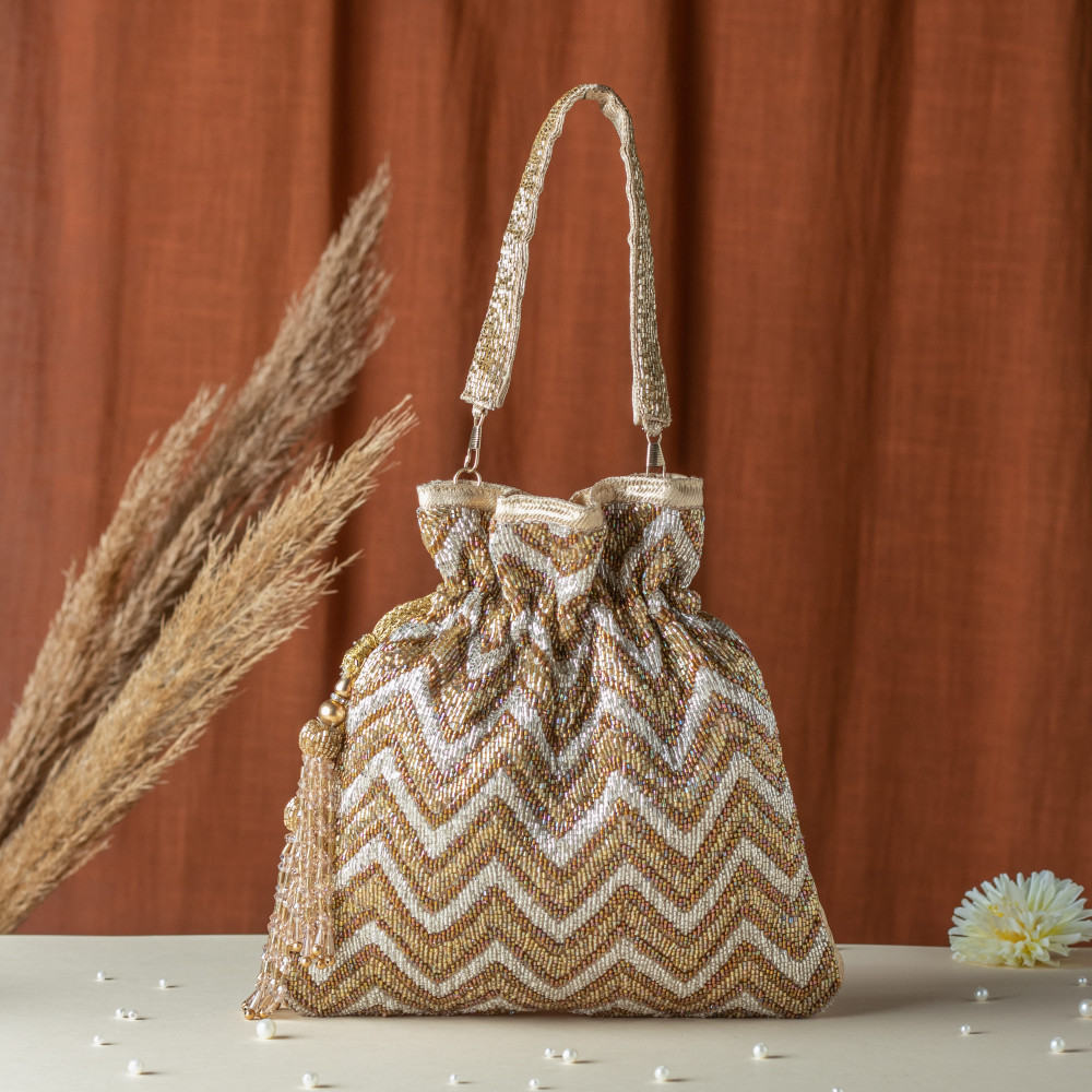 Image of Golden &amp; Silver Cut Dana Zigzag Tissue Potli Bag