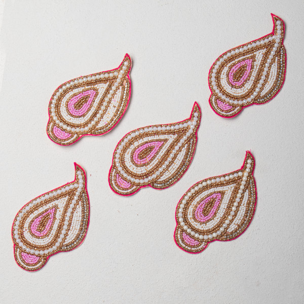 Light Pink Beads & Pearl Paisley Patch | Handcrafted Beaded Applique for Sarees, Blouses & Bridal Wear | Golden Embroidery Work | 13.6 × 8.5 cm(SET OF 6)