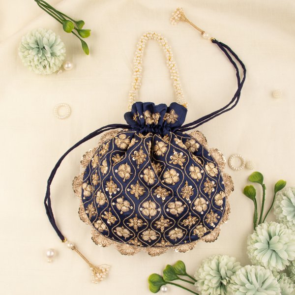 Indian Hand Crafted Zardozi Work Potli Bag With Beaded Chain For Women|| Evening Bags|| Embroidery Handbag