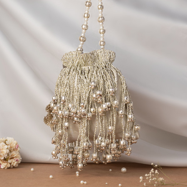 Silver Tissue Fringes Potli