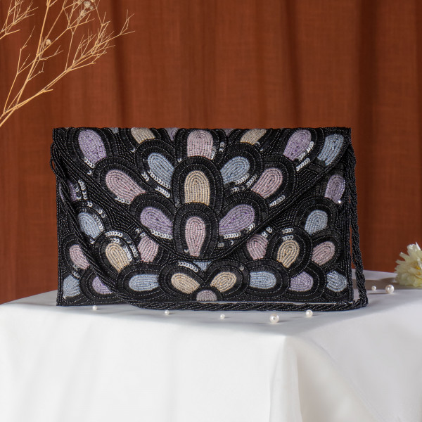 Black Glamorous & Detailed Scalloped Sequin Clutch Bag - Black & Pastel