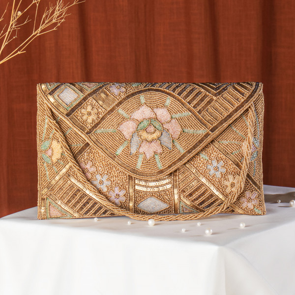 Gold Hand-Embroidered Geometric Beaded Clutch Bag - Ivory & Pastel Floral