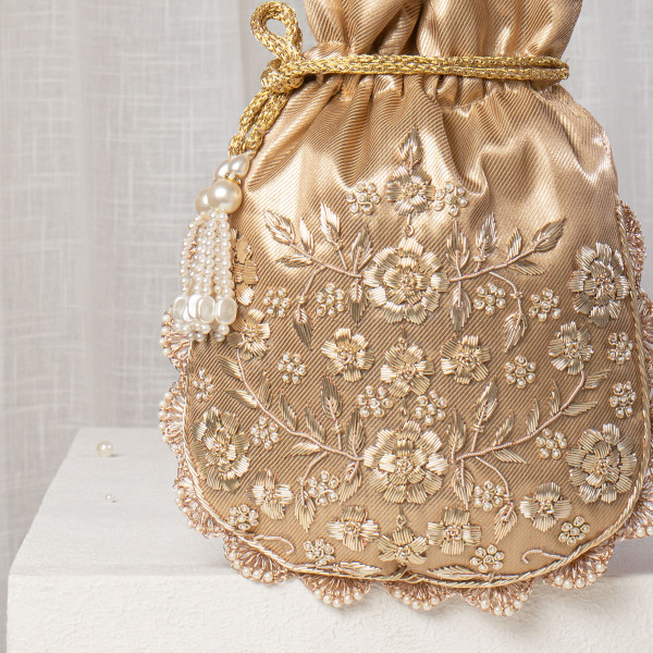 Gold Tissue Silk Potli Bag with Hand-Embroidered Floral Zardosi & Pearl Scalloped Edges
