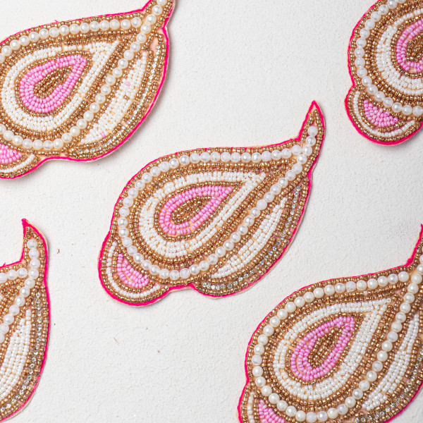 Light Pink Beads & Pearl Paisley Patch | Handcrafted Beaded Applique for Sarees, Blouses & Bridal Wear | Golden Embroidery Work | 13.6 × 8.5 cm(SET OF 6)