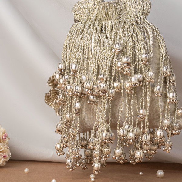 Silver Tissue Fringes Potli