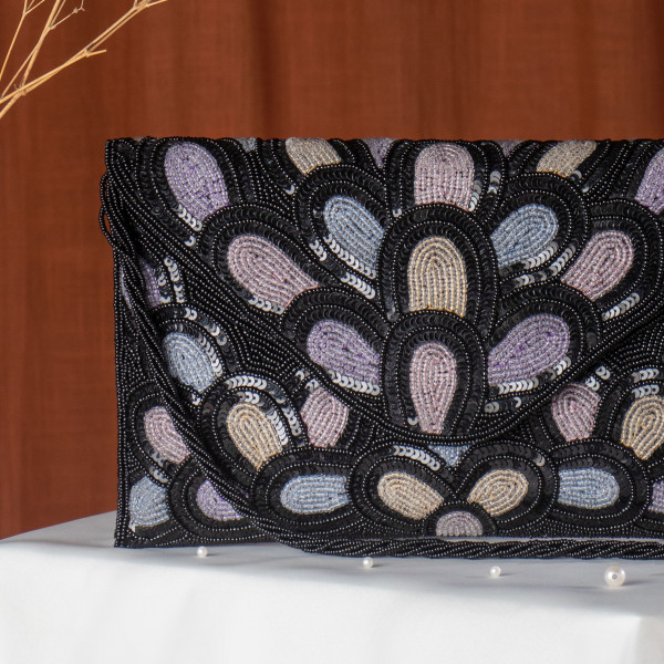 Black Glamorous & Detailed Scalloped Sequin Clutch Bag - Black & Pastel