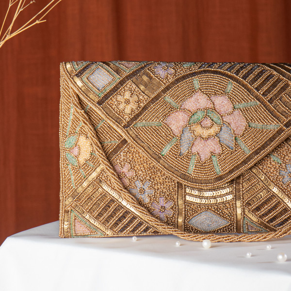 Gold Hand-Embroidered Geometric Beaded Clutch Bag - Ivory & Pastel Floral