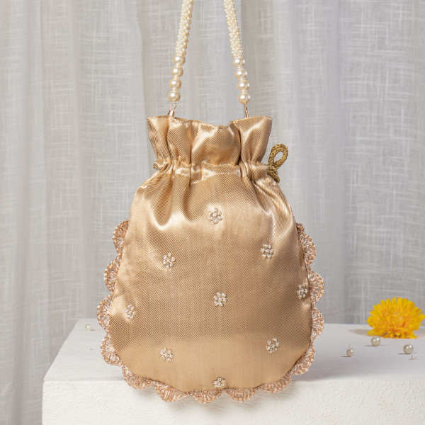 Gold Tissue Silk Potli Bag with Hand-Embroidered Floral Zardosi & Pearl Scalloped Edges