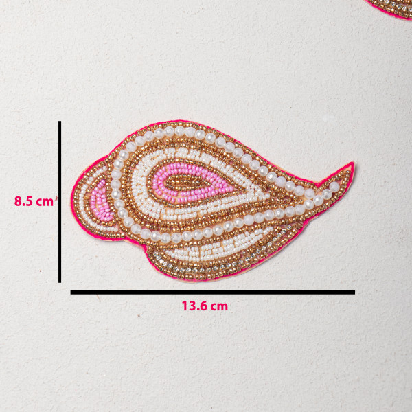 Light Pink Beads & Pearl Paisley Patch | Handcrafted Beaded Applique for Sarees, Blouses & Bridal Wear | Golden Embroidery Work | 13.6 × 8.5 cm(SET OF 6)
