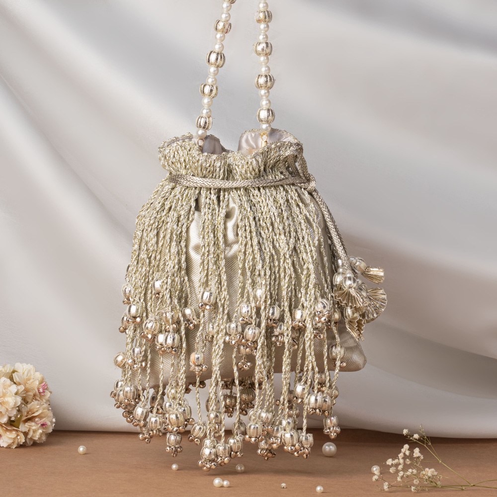 Image of Silver Tissue Fringes Potli