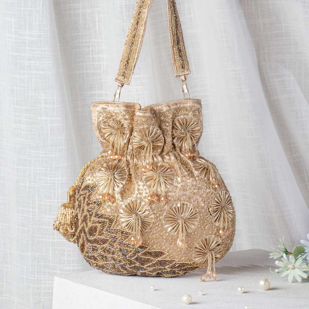 Image of Dull Gold Gota &amp; Cutdana Tissue Potli Bag