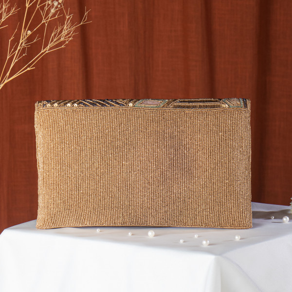 Gold Hand-Embroidered Geometric Beaded Clutch Bag - Ivory & Pastel Floral