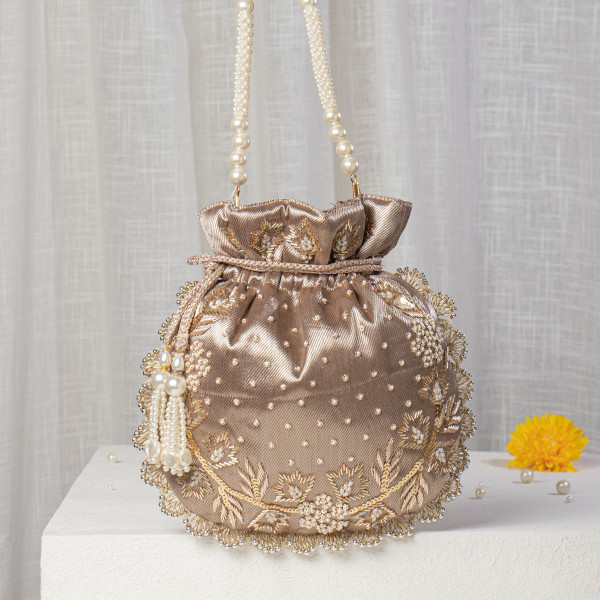 Antique Gold Metallic Tissue Zardosi Embroidered Potli Bag with Pearl Handle & Scalloped Border