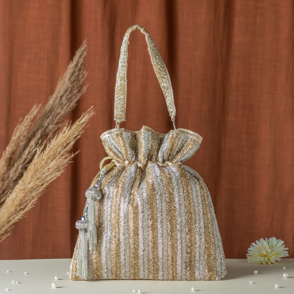 Golden & Silver Cut Dana Striped Tissue Potli Bag