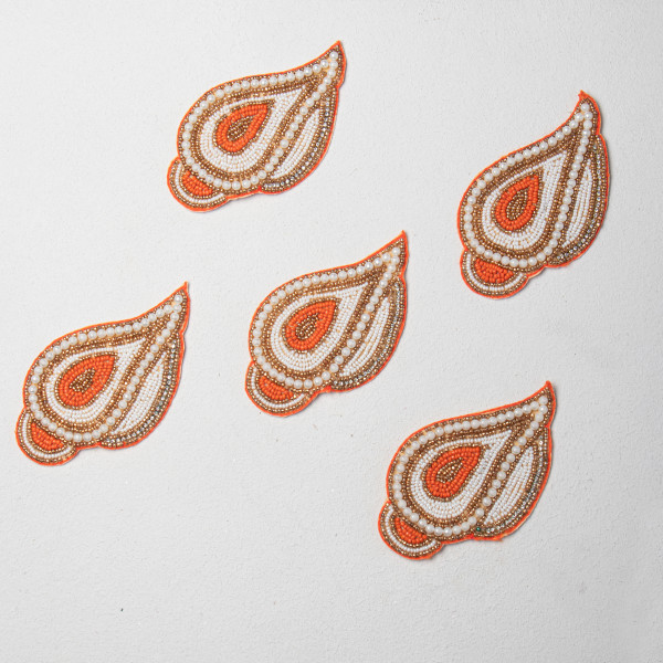 Orange Beaded Paisley Patch | Handcrafted Pearl & Golden Bead Applique | Traditional Embroidery Patch for Blouses, Sarees & Craft Work | 13.6 × 8.5 cm(SET OF 6)